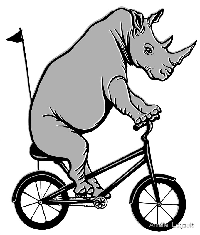 "Rhinoceros on bike, rhinoceros on bicycle" by Amélie Legault Redbubble