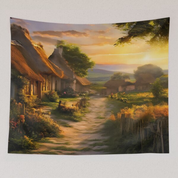 Item preview, A Golden Welcome Home - Warm Sunset in a Rustic Cottagecore Village designed and sold by Luminari Creations.