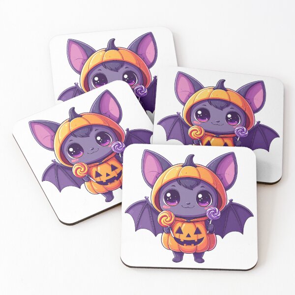 Item preview, Cute bat character in pumpkin costume holding lollipops celebrates Halloween at night designed and sold by ShopThousand.