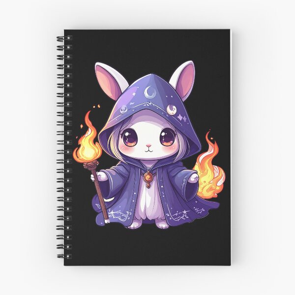 Aperçu de l'œuvre Personnage de lapin magique mignon portant une robe de sorcier et tenant une torche avec des flammes, avec un fond étoilé et des éléments fantaisistes créée et vendue par ShopThousand.