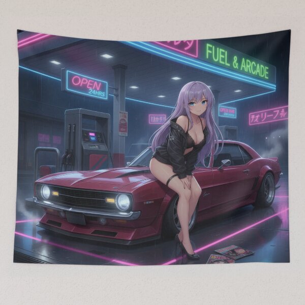 Item preview, Waifu with Pro Touring Muscle Car – Neon Gas Station Anime designed and sold by GerwantSHOP.