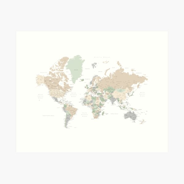 Carte du monde détaillée avec les villes, "Anouk" Impression artistique