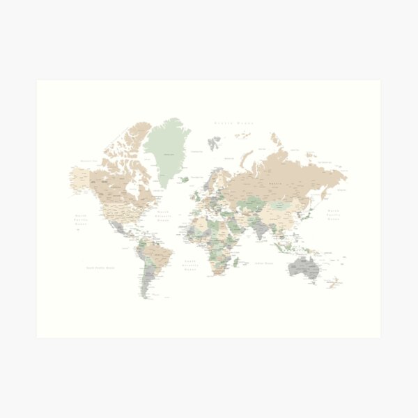 Detailed world map with cities, "Anouk" Art Print