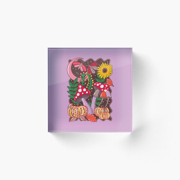Artikelvorschau, Colorfall Season Hero Design | Rosa Mond mit Pilzen, Motten, Kürbissen und fallenden Blättern, mystische Herbstillustration entworfen und verkauft von indysign.