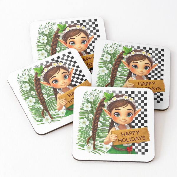 Item preview, Cute Island Girl Elf Christmas Design | Funny Cartoon Happy Holidays on Tropical Beach with Flowers & Checkerboard designed and sold by Sun Sand & Sea Art.