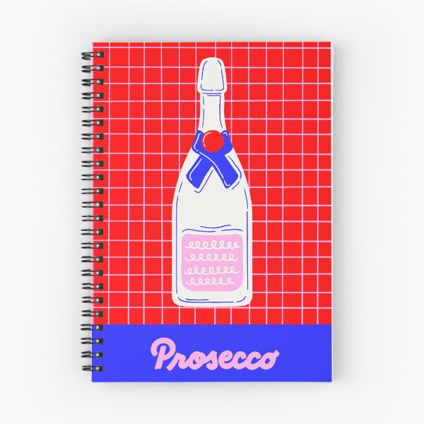 Aperçu de l'œuvre Affiche illustrée de Prosecco | Bouteille de Prosecco plate avec lettrage fait main, imprimé d'art moderne rose et rouge aux accents bleus créée et vendue par indysign.