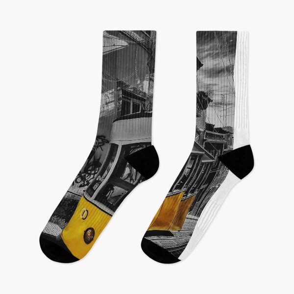 Item preview, Yellow Tram in Lisbon Black and White Street designed and sold by Aesthetic Crew.