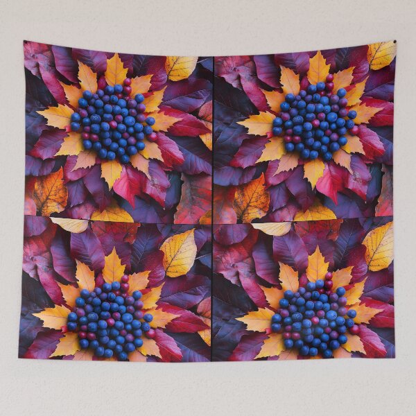 Item preview, Autumn Nature Mandala – Reddish and Yellow Leaves with Blueberries designed and sold by EmeraldeaDesign.