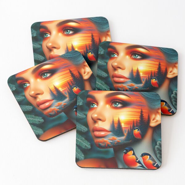 Item preview, Sunset Forest Woman – Fiery Fir Trees and Birds Montage designed and sold by EmeraldeaArt.