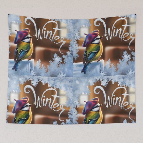 Item preview, Winter Bird Painter – Cute Fantasy on Frosted Window designed and sold by EmeraldeaDesign.