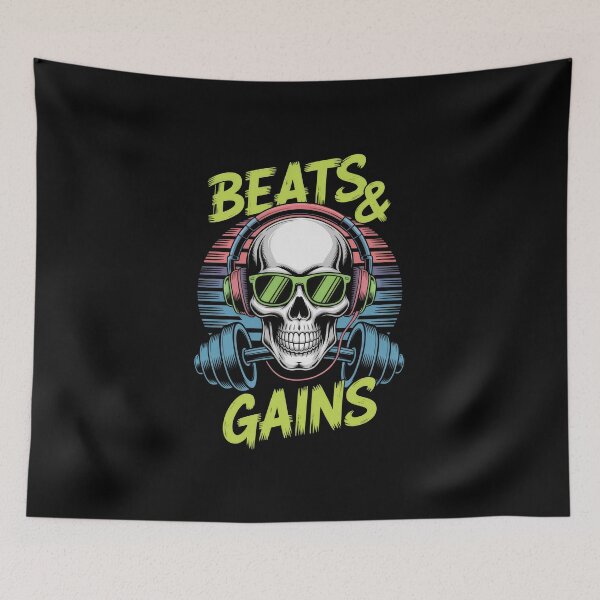 Item preview, Beats & Gains – Music and Gym Motivation Skull Design designed and sold by Enea Kelo.