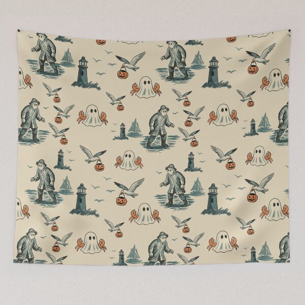 Item preview, Haunted Harbor Toile – Coastal Halloween Seamless Pattern designed and sold by AtelierBrumeArt.