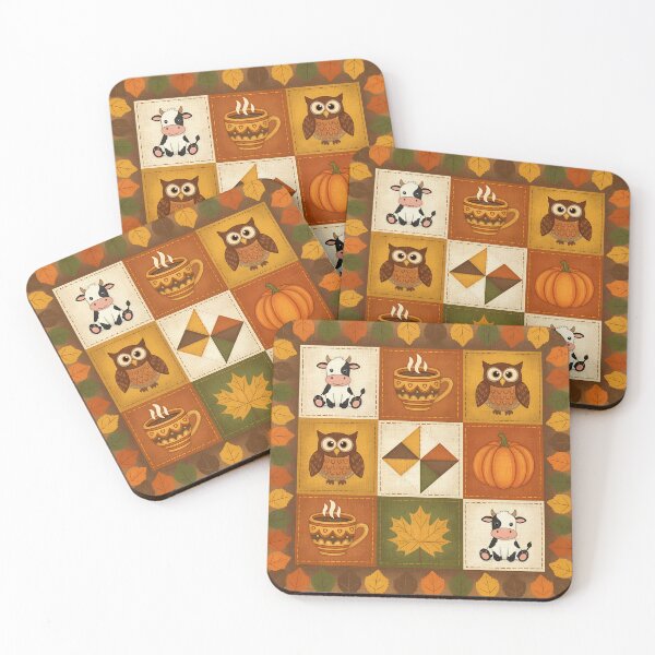 Item preview, Autumn Patchwork Quilt with Owls, Pumpkins and Coffee designed and sold by SoftStyleStudio ⭐⭐⭐.