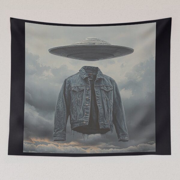 Item preview, Floating Denim Jacket with UFO in Storm Clouds designed and sold by Shannon Hilson.