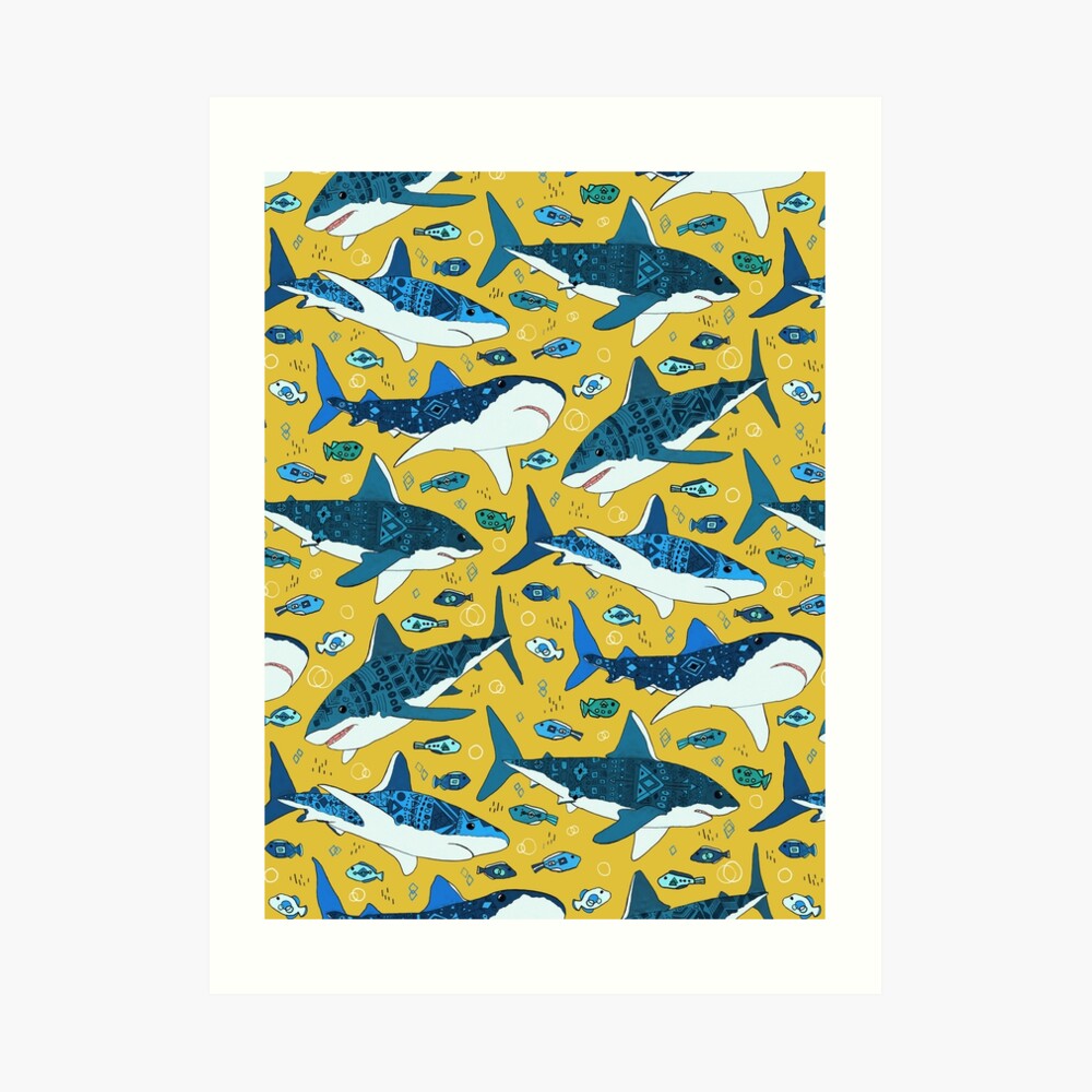 Sharks on Mustard Art Print