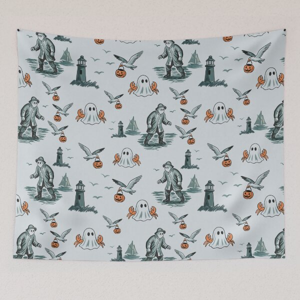 Item preview, Pale Blue Haunted Harbor Toile – Coastal Halloween Seamless Pattern designed and sold by AtelierBrumeArt.
