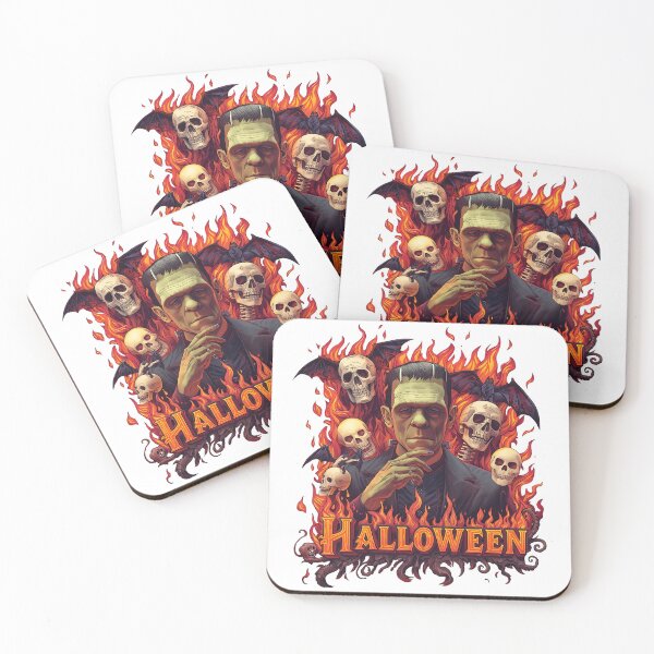Item preview, Happy Halloween greeting with cartoon characters including Frankenstein, skulls, and bats against a gradient background with bats and confetti designed and sold by PWDigitalArt.
