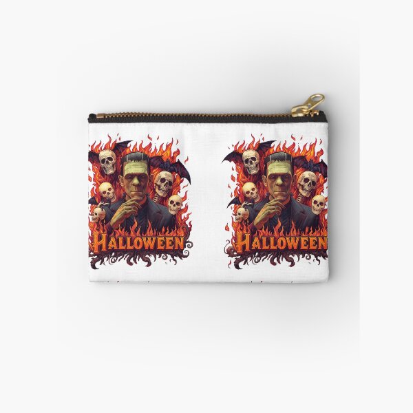 Item preview, Happy Halloween greeting with cartoon characters including Frankenstein, skulls, and bats against a gradient background with bats and confetti designed and sold by PWDigitalArt.
