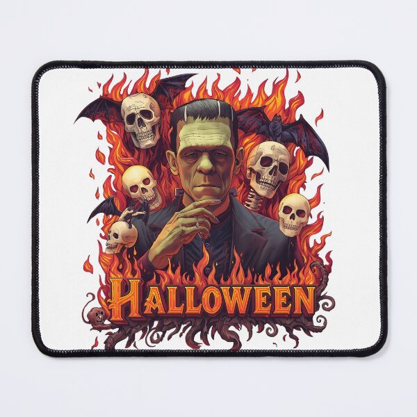 Item preview, Happy Halloween greeting with cartoon characters including Frankenstein, skulls, and bats against a gradient background with bats and confetti designed and sold by PWDigitalArt.