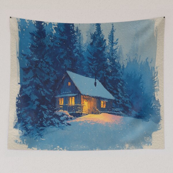 Item preview, Cozy Winter Cabin in Snowy Forest Canvas Print designed and sold by ArgentoArt.