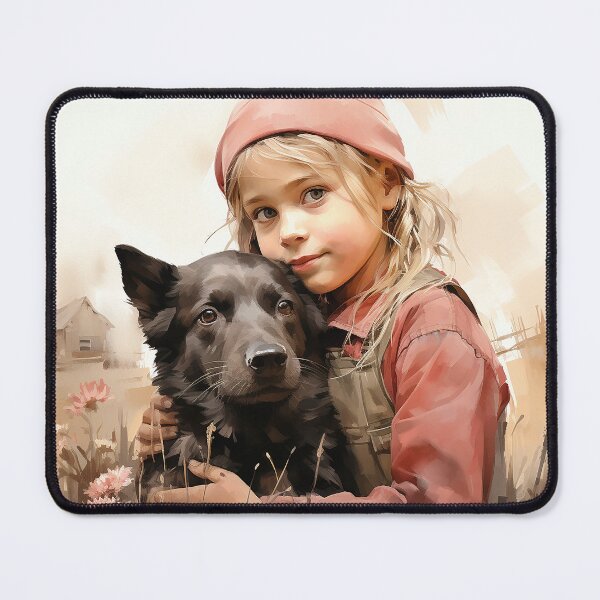 Item preview, Rustic Pals - Blonde Girl On A Farm Hugging Her Black Dog - Children Art - Watercolor Art designed and sold by CastleBySea.