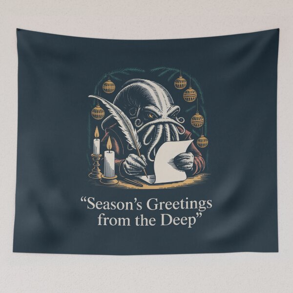 Item preview, Dark Blue Holiday Scene with Squid, Candles, and Ornaments designed and sold by SplashTastic.