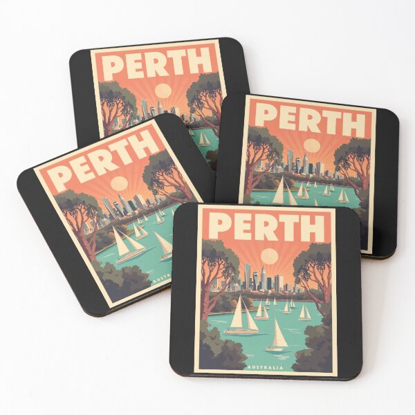 Item preview, Perth Australia Poster – Sailboats, City Skyline and Sunset Vintage Travel Art designed and sold by FestivityFinds.
