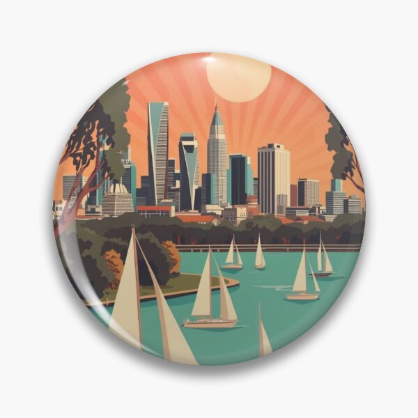 Item preview, Perth Australia Poster – Sailboats, City Skyline and Sunset Vintage Travel Art designed and sold by FestivityFinds.