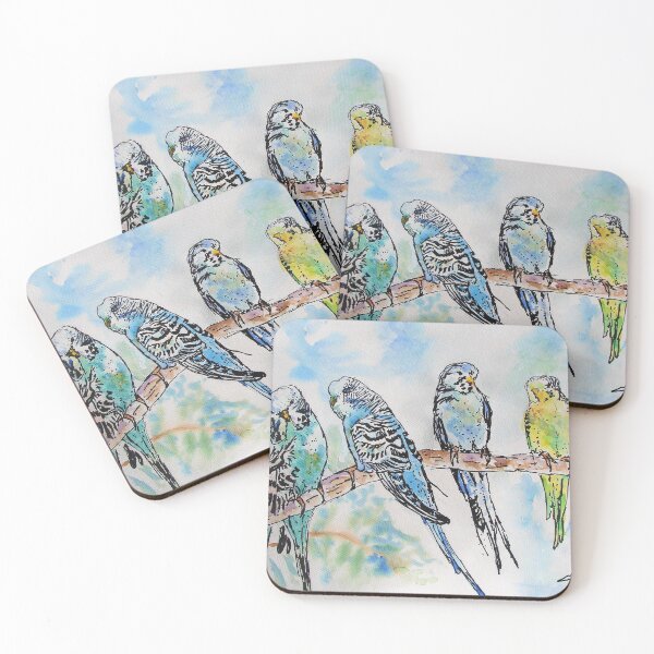 Item preview, Cute Budgies Budgerigars Sitting on A Branch Watercolor Painting  designed and sold by Sarah  Rajkotwala.