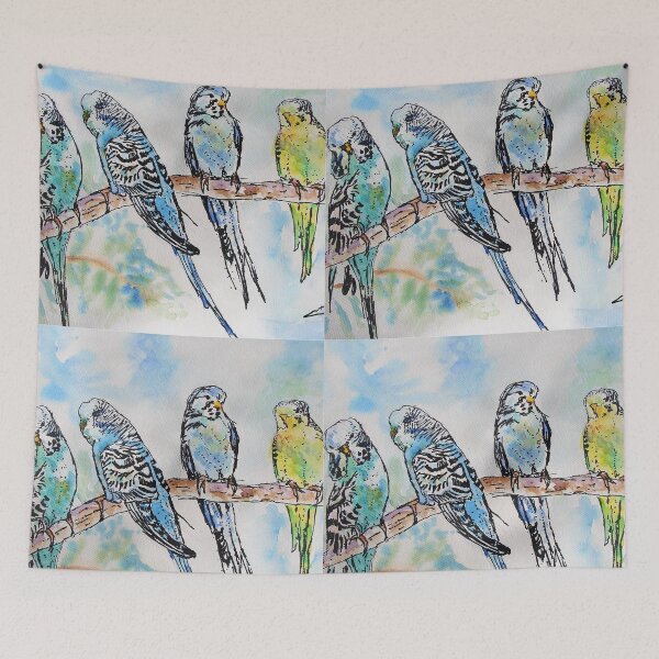 Item preview, Cute Budgies Budgerigars Sitting on A Branch Watercolor Painting  designed and sold by Sarah  Rajkotwala.