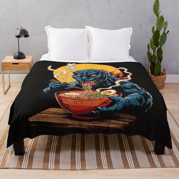 Aperçu de l'œuvre Drôle de Kaiju mangeant des ramen, amoureux des monstres japonais, anniversaire créée et vendue par CindiParks.