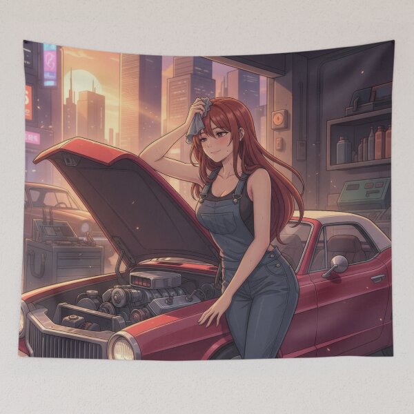 Artikelvorschau, Waifu mit Cabrio Street Rod – Anime Garage Daylight Scene entworfen und verkauft von GerwantSHOP.