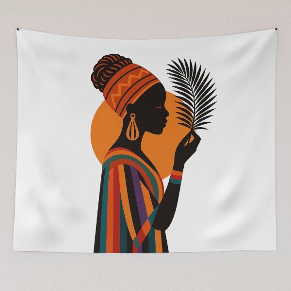 Item preview, Elegant African Woman Silhouette with Colorful Attire and Palm Leaf designed and sold by Broken Minimalister.