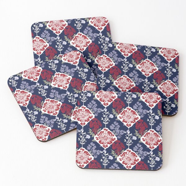 Item preview, Blue red colored floral Tiles  designed and sold by Artania21.