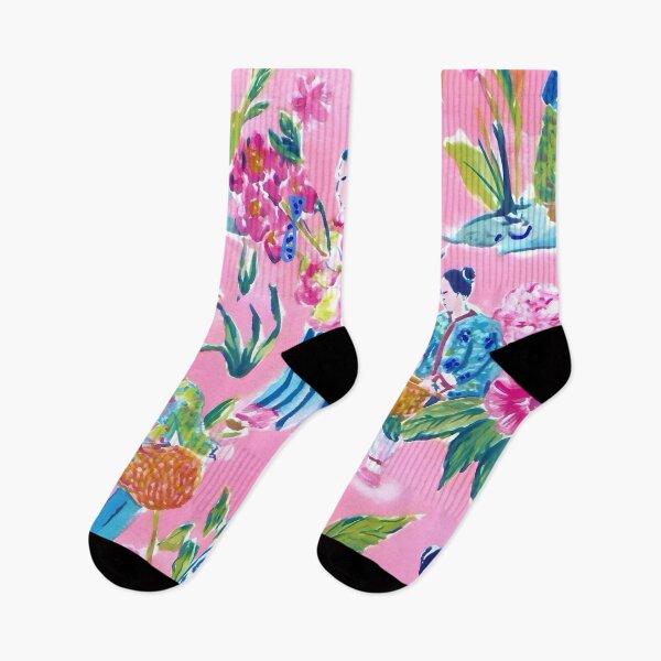 Item preview, Preppy pink chinoiserie with court figures and fishermen gouache painting designed and sold by SophieClimaArt.