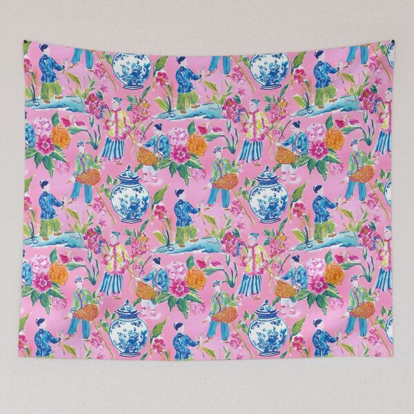 Item preview, Preppy pink chinoiserie with court figures and fishermen gouache painting designed and sold by SophieClimaArt.