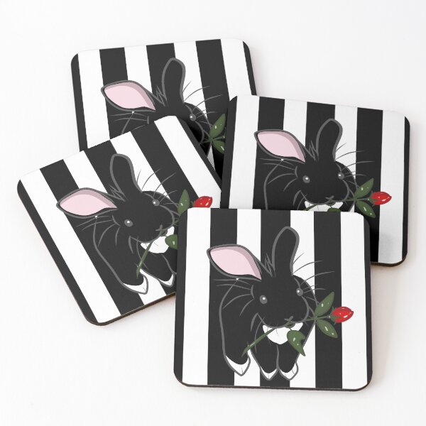 Item preview, Black rabbit with red flower on black striped background designed and sold by dreamseller88.
