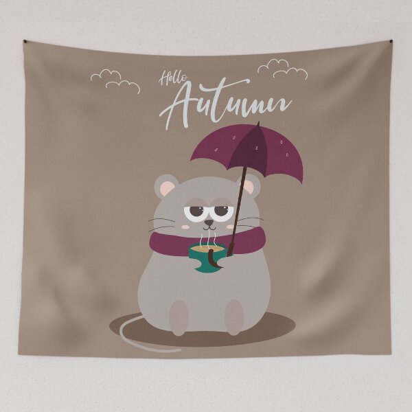 Item preview, Flat Design Hello Autumn Illustration with Lazy Mouse Wearing Scarf and Holding Coffee Cup, Umbrella designed and sold by AlginaPugachova.