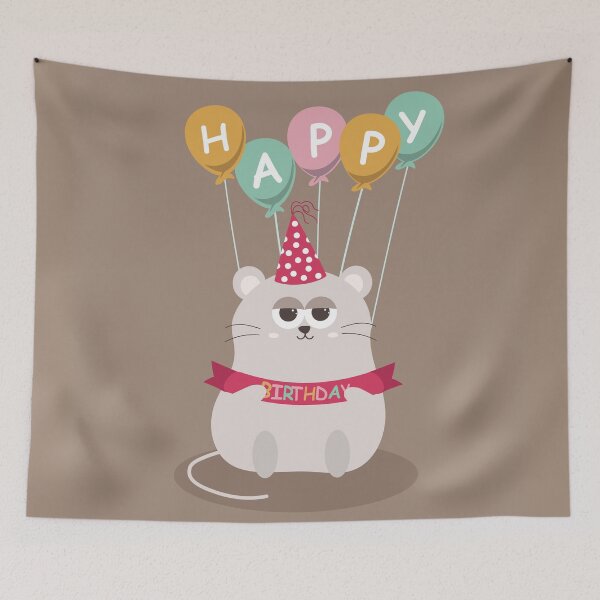 Item preview, Flat Design Happy Birthday  Illustration with Lazy Mouse Wearing Party Hat and Balloons Decoration designed and sold by AlginaPugachova.