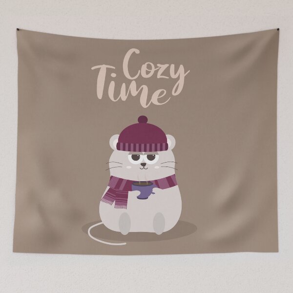 Item preview, Flat Design Cozy Time Illustration with Lazy Mouse Wearing Scarf and Hat Holding Coffee Cup	 designed and sold by AlginaPugachova.