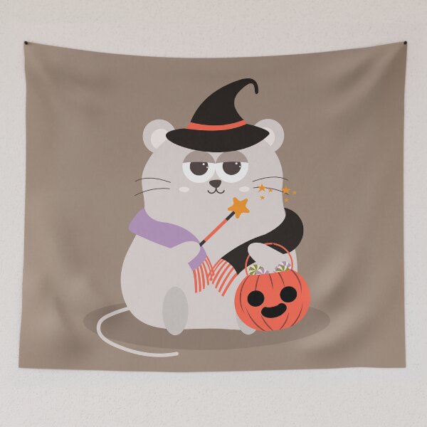 Item preview, Flat Design Boo Illustration with a Lazy Mouse Wearing a Scarf, Magic Hat, and Holding a Bag Candy	 designed and sold by AlginaPugachova.
