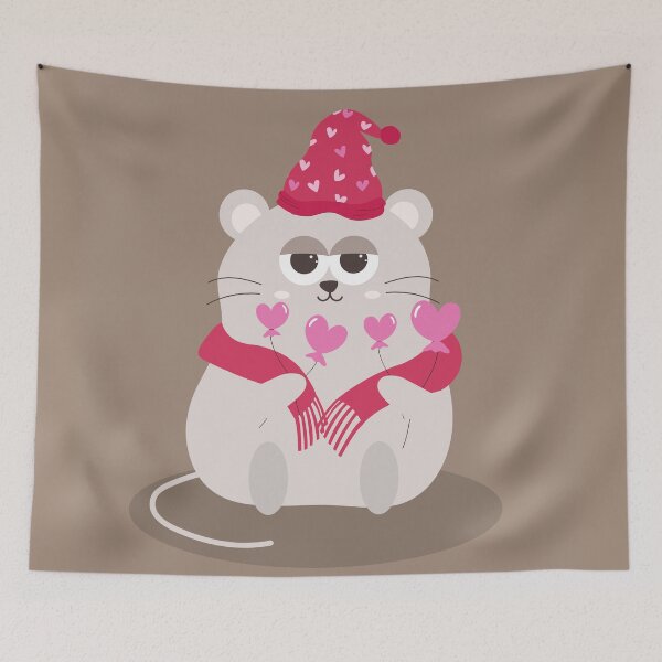 Item preview, Flat Design Boo Illustration with a Lazy Mouse Wearing a Scarf, Hat, and Holding a Ballons designed and sold by AlginaPugachova.
