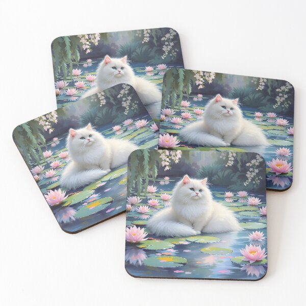 Item preview, Water Lilies Cat – Fluffy White Cat in Monet Inspired Impressionist Pond designed and sold by KaryaVisionSTR.