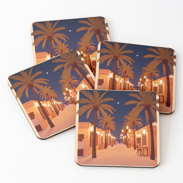 Item preview, Night stroll down a palm-lined pathway with cozy lanterns and gentle beach vibes near a tropical paradise designed and sold by SpaceartLilu.
