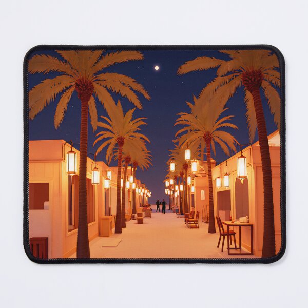 Item preview, Night stroll down a palm-lined pathway with cozy lanterns and gentle beach vibes near a tropical paradise designed and sold by SpaceartLilu.