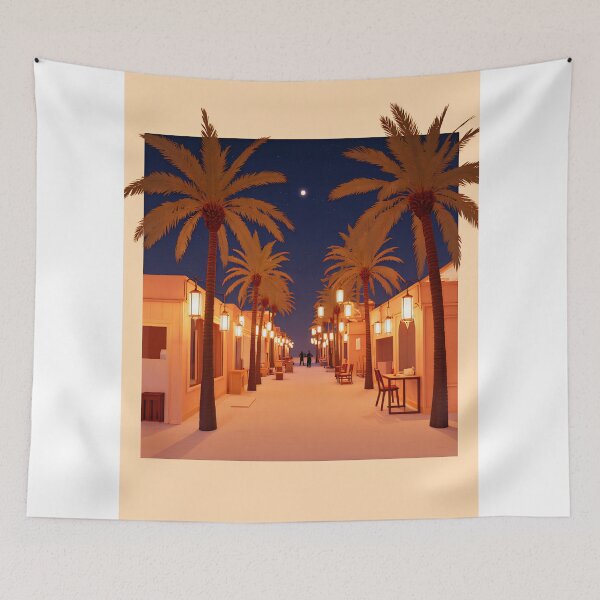 Item preview, Night stroll down a palm-lined pathway with cozy lanterns and gentle beach vibes near a tropical paradise designed and sold by SpaceartLilu.