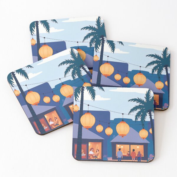 Item preview, Evening gathering under lanterns in a tropical courtyard with palm trees and cozy dining areas designed and sold by SpaceartLilu.