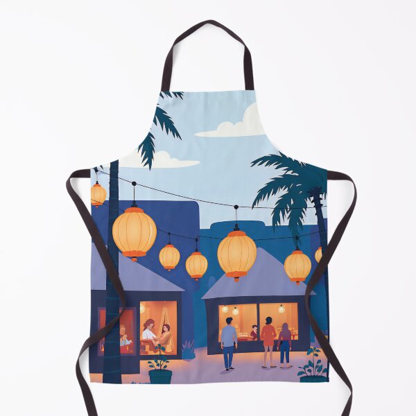 Item preview, Evening gathering under lanterns in a tropical courtyard with palm trees and cozy dining areas designed and sold by SpaceartLilu.