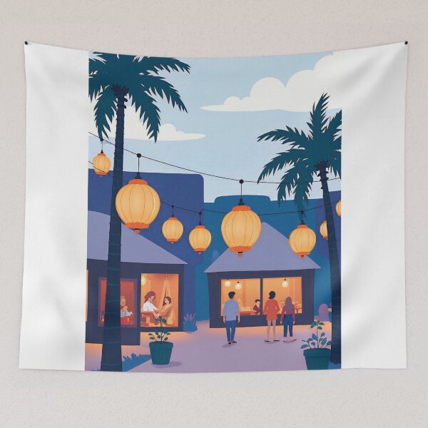 Item preview, Evening gathering under lanterns in a tropical courtyard with palm trees and cozy dining areas designed and sold by SpaceartLilu.