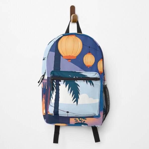 Item preview, Evening gathering under lanterns in a tropical courtyard with palm trees and cozy dining areas designed and sold by SpaceartLilu.